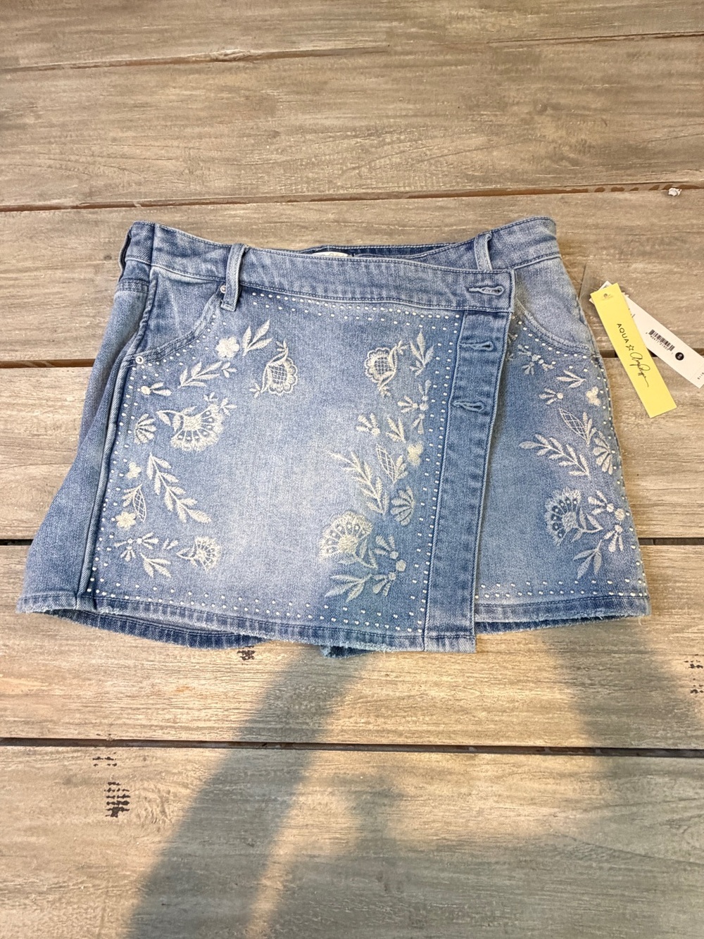 NWT Aqua Light Blue Embroidered Denim Mini Skort